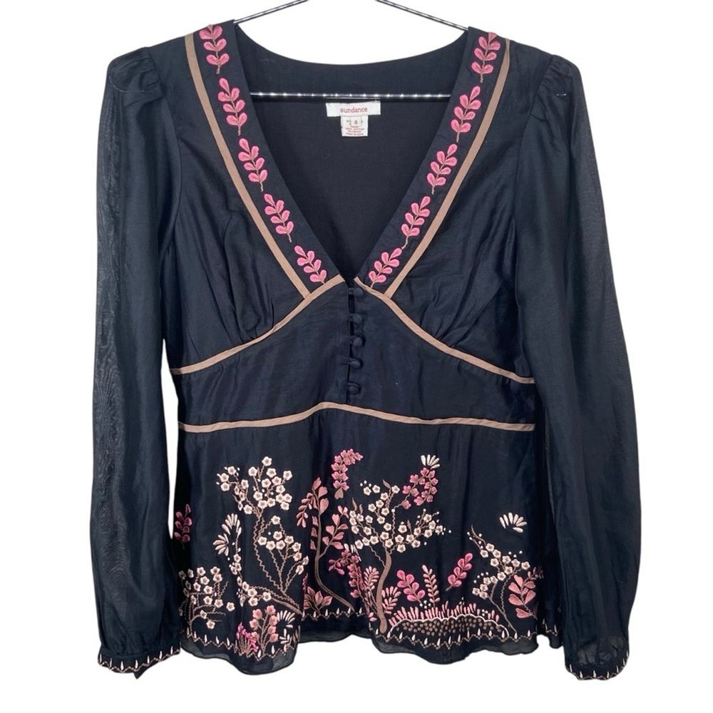 Sundance Black Silk Blend Embroidered Long Sleeve Top Black Women's‎ Size 4